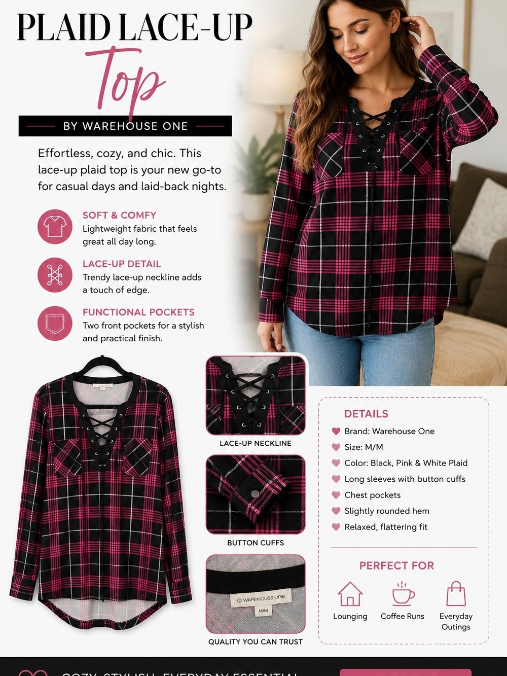 Warehouse Black & Pink Plaid Lace-Up Top